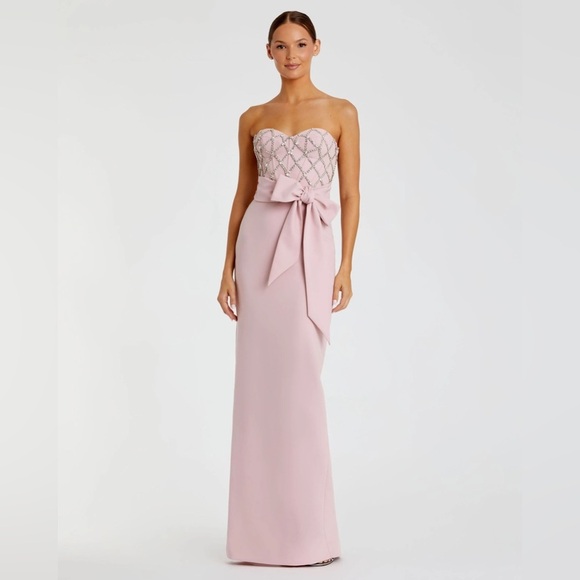 Mac Duggal 2294 NWT Pink Embellished Strapless Bustier With Bow Crepe Gown